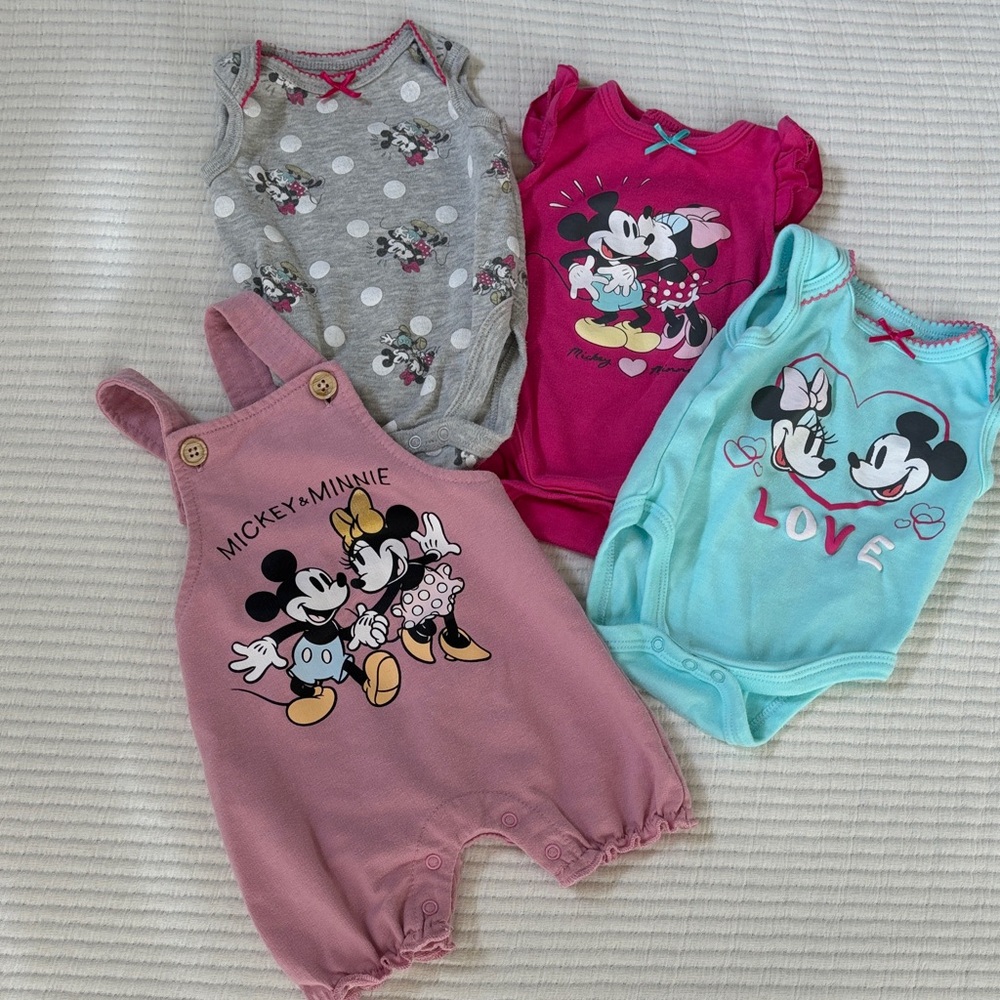 Disney Mickey & Minnie Colorful Baby Lot of Three Onesies and Overall Set